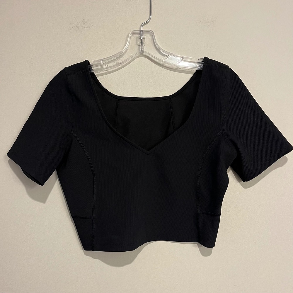 Lululemon Shirt Short Sleeve Ribbed Contoured V Neck Yoga Black Luxtreme Medium